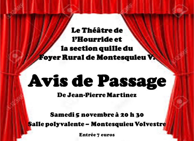 Montesquieu Volvestre : La pièce de théâtre “Avis de passage” le samedi 5 novembre.