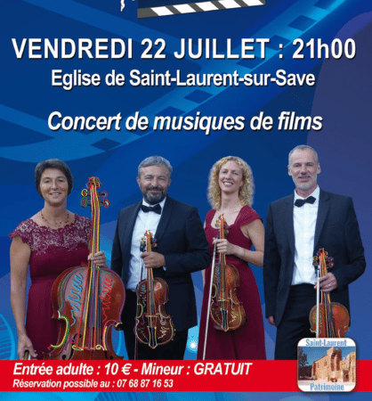 Dolce Vita fait son cinéma, un concert exceptionnel de musique de films par le quatuor à cordes, en l'église de Saint Laurent sur Save, le 22 juillet.