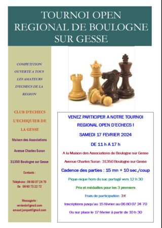 Participez au tournoi d'échecs de l’Échiquier de la Gesse à Boulogne le 17 février.