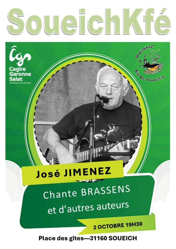 Mercredi 2 octobre, 19h30 José Jiménez interprétera ses chanteurs français favoris. Nous reconnaitrons un guitariste moustachu, genre fumant la pipe, mais aussi Brel, Souchon, Le Forestier, Lavilliers. José sera accompagné par le contrebassiste Eric Mouzin.