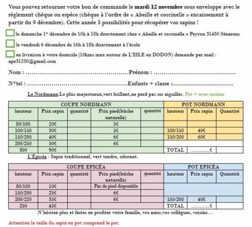 L'APE de L'Isle propose la vente de sapins de Noël.