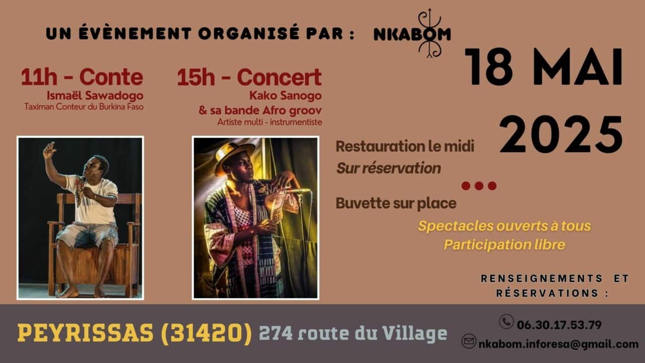 Musique et conte africains à Peyrissas, avec l'association NKABOM, pour faire la fête dimanche 18 mai.