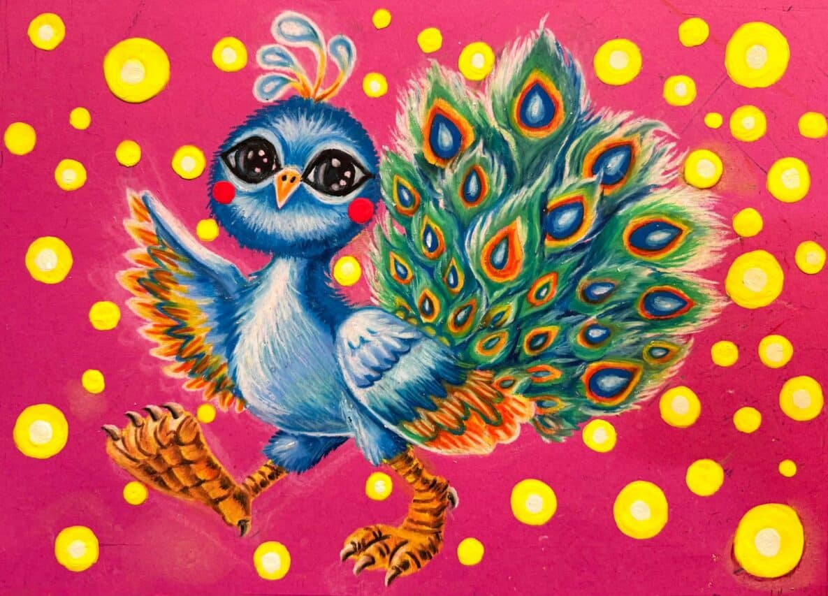 Le splendide paon Solis, peint par Angelo Chan de Hong-Kong, sera la mascotte de la 8è biennale de peinture d'enfants de Saint-Frajou.