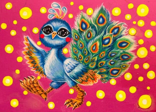 Le splendide paon Solis, peint par Angelo Chan de Hong-Kong, sera la mascotte de la 8è biennale de peinture d'enfants de Saint-Frajou.